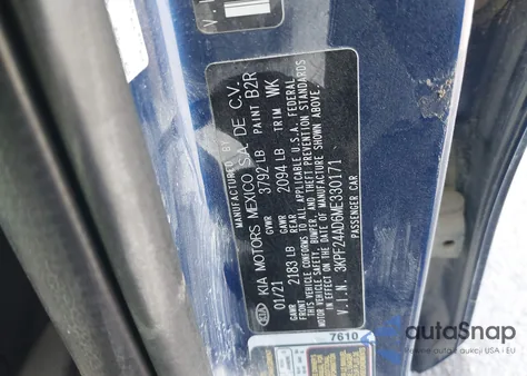 2021 Kia Forte Lxs z USA, uszkodzony, nr VIN 3KPF24AD6ME330171